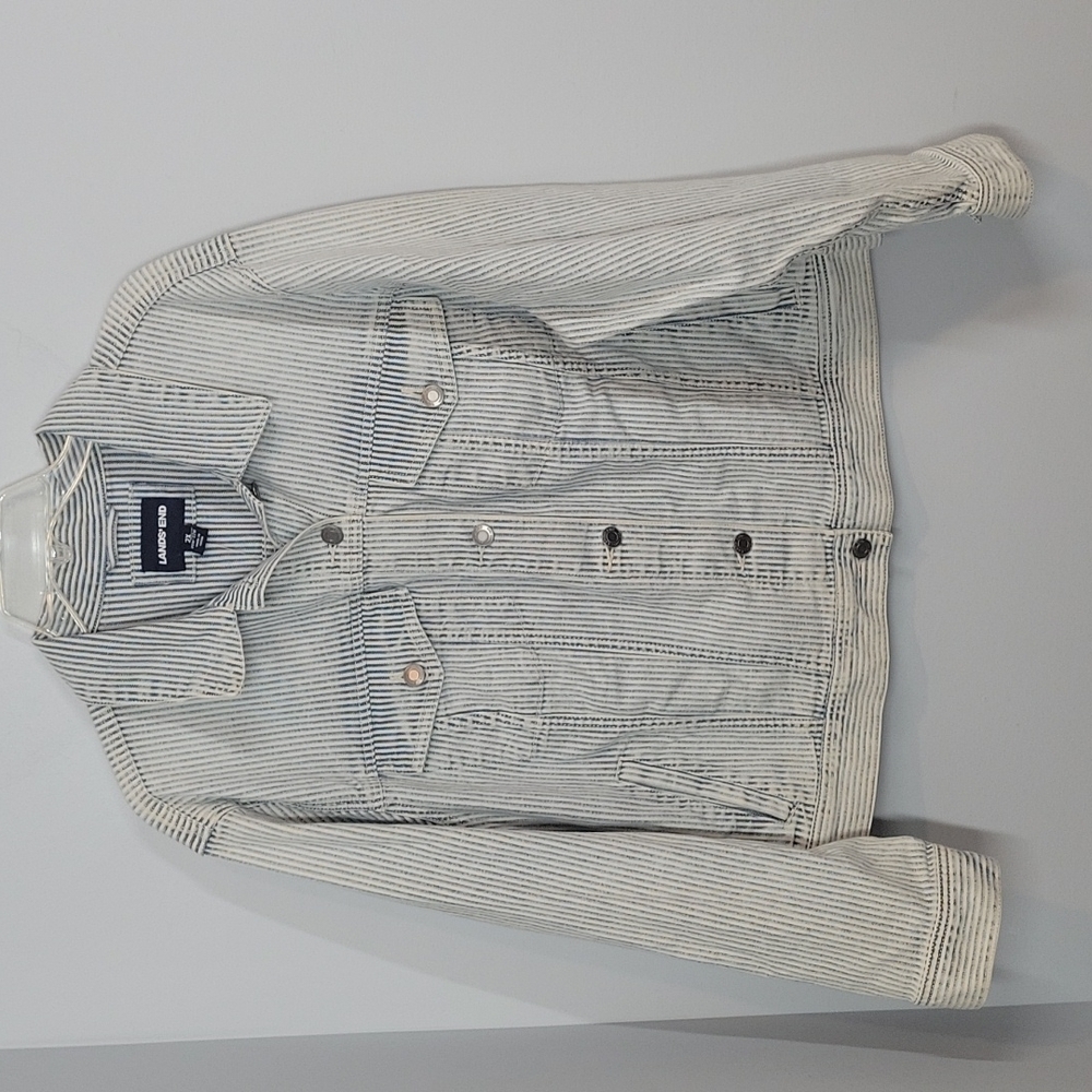 Lands' End Indigo Bay Blue & White striped Denim Jean Jacket size 2X 20W-22W